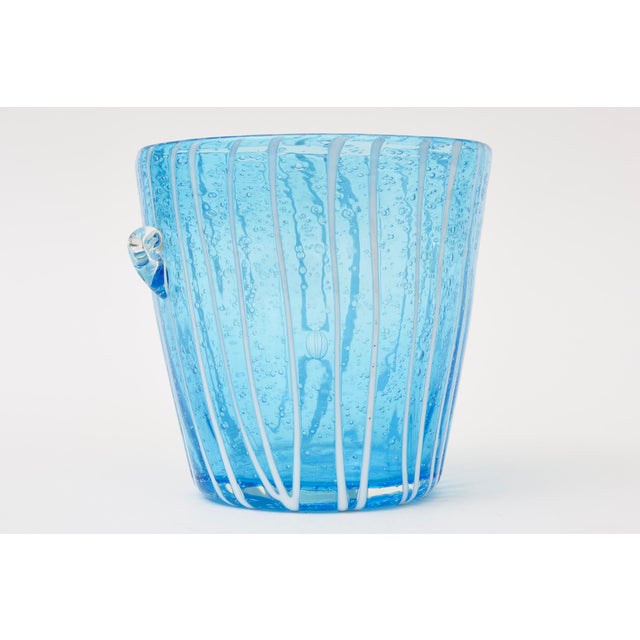 Modern Vintage Murano Venini Ice Bucket in Turquoise With White Lines 1980's For Sale - Image 3 of 10