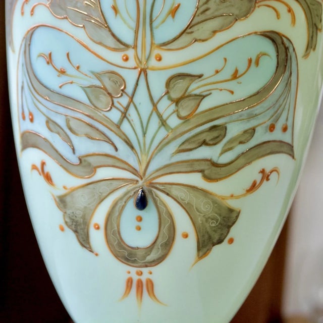 Bohemian Uranium Opaline Glass Jar With Enamel Lotus Decoration – 3d Embossed, Circa 1870s For Sale - Image 4 of 8
