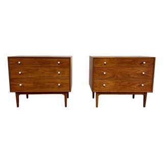 Vintage Mid Century Modern Pair of Drexel Declaration Walnut 3-Drawer Dresser and 3-Drawer Vanity by Kipp Stewart For Sale