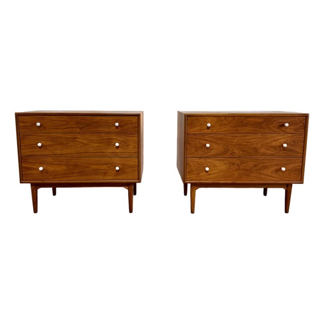 Vintage Mid Century Modern Pair of Drexel Declaration Walnut 3-Drawer Dresser and 3-Drawer Vanity by Kipp Stewart For Sale