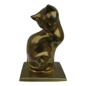 Vintage Brass Cat on Green Marble or Faux Marble Base
