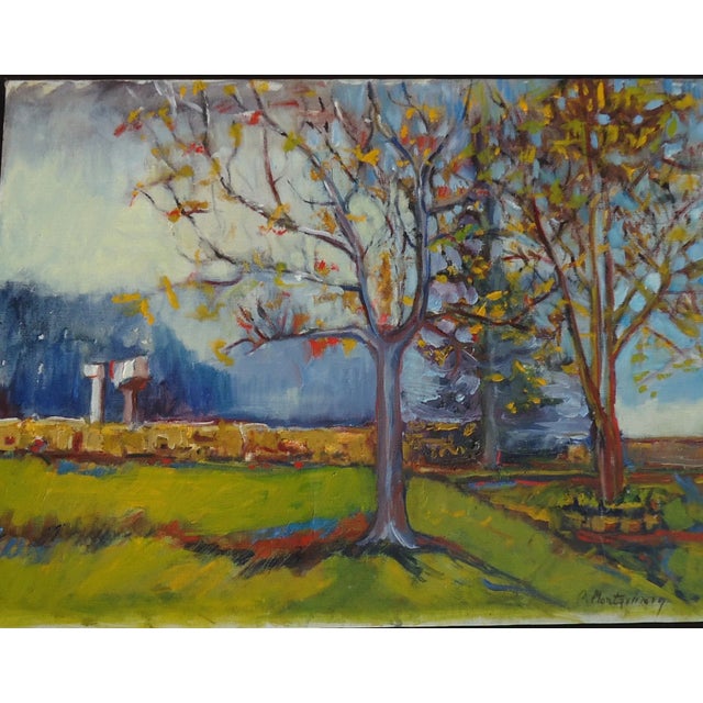 A fall landscape, oil on canvas. Has great colors, signed lower right. This has a small repair in the canvas which appears...