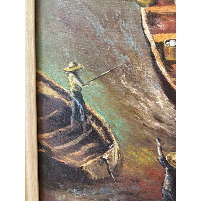 Original Signed “Sher” Oil on Canvas – Harbor Fishing Village With Men & Boats – Framed, 31.25” X 26” For Sale - Image 10 of 14