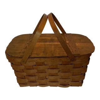 Vintage Mid-Century Wooden Picnic Basket For Sale