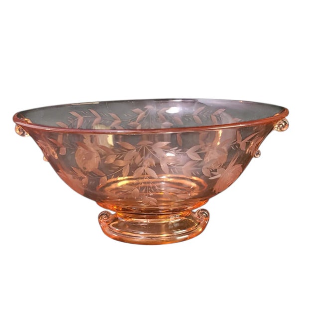 Vintage Deco Depression Glass Imperial Pink Cut Floral Oval Footed Center Bowl For Sale - Image 9 of 9