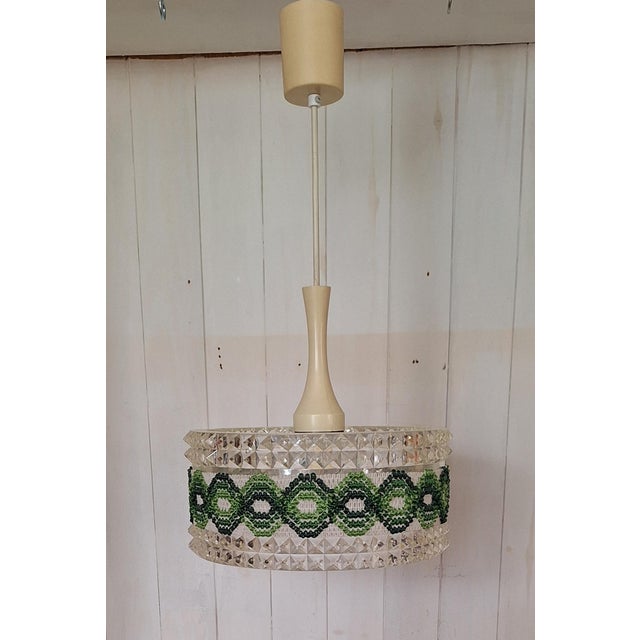 Vintage Ceiling Lamp with Round Clear Plastic Shade and Green Fabric Trim from ME, 1970s, in Very Good conditions....