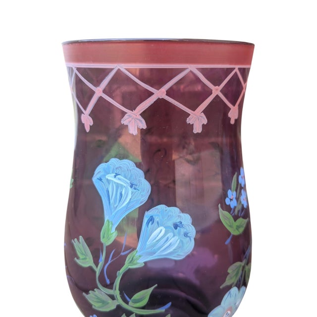 Purple Vintage Hand Painted Purple Glass Hurricanes- A Pair For Sale - Image 8 of 17