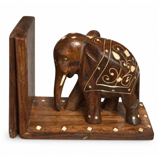 Anglo Indian Mid 20th Century Anglo-Indian Carved Hardwood Elephant Bookends With Intricate Bone Inlay — Pair For Sale - Image 4 of 11