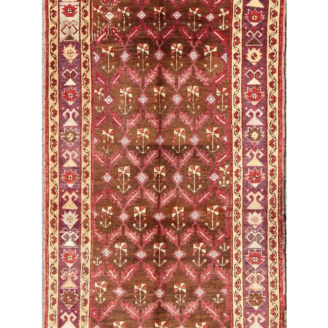 Tribal Vintage Turkish Oushak Gallery Runner With Deep Chestnut and Soft Red 4'5 X 9'9 For Sale - Image 3 of 8