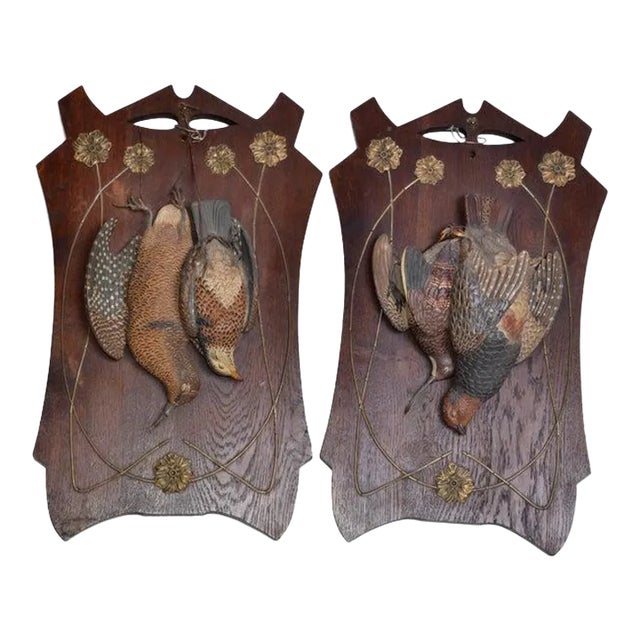 Two Antique Black Forest Terracotta Pheasant Birds Wall Plaque Fine Art Oak Wood For Sale