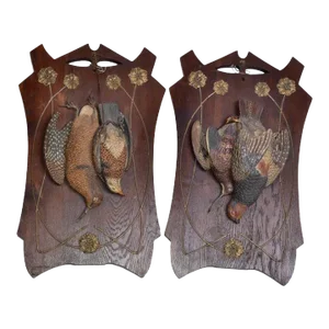 Two Antique Black Forest Terracotta Pheasant Birds Wall Plaque Fine Art Oak Wood