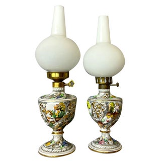 Portuguese Porcelain Hand Painted Table Lamps by Alcobaça Porcelain Factory, Set of 2 For Sale