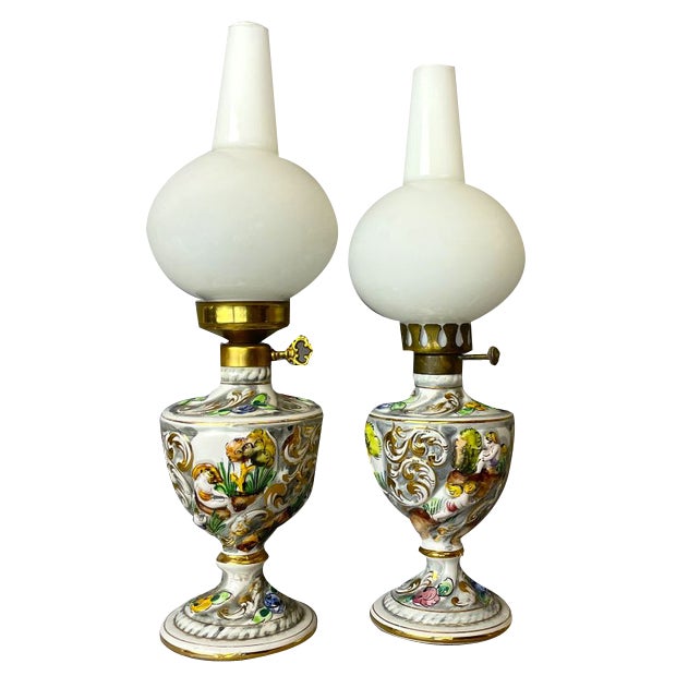 Portuguese Porcelain Hand Painted Table Lamps by Alcobaça Porcelain Factory, Set of 2 For Sale