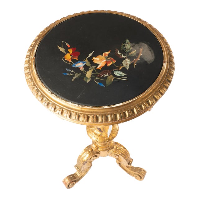 19th Century Italian Pietra Dura Top Carved Giltwood Side Table For Sale