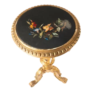 19th Century Italian Pietra Dura Top Carved Giltwood Side Table