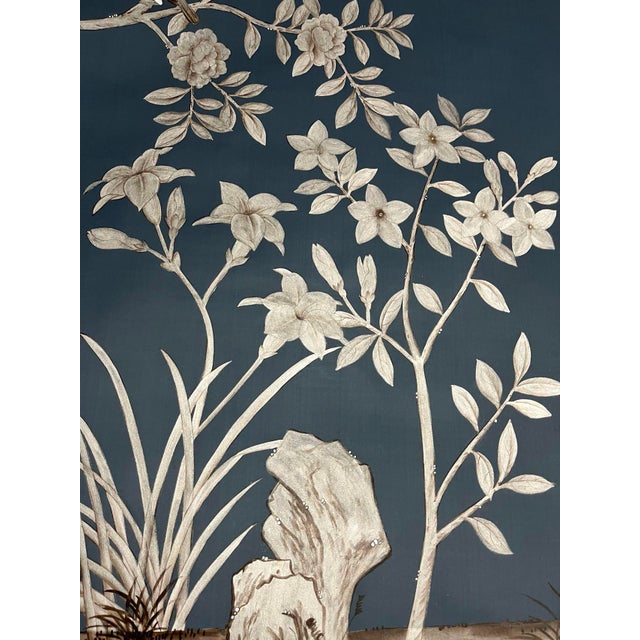 Paper Custom Hand-Painted Mural | Chinoiserie Navy Floral Tree Bird Wallpaper Covering For Sale - Image 7 of 10