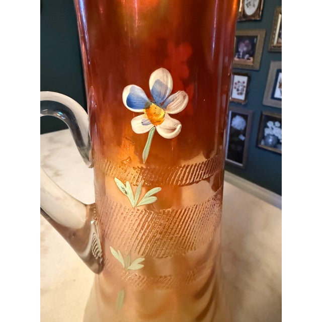 Fenton Art Glass Company Antique Fenton Carnival Glass Pitcher "Forget-Me-Not" Iridescent Glass Ca. 1912 For Sale - Image 4 of 12