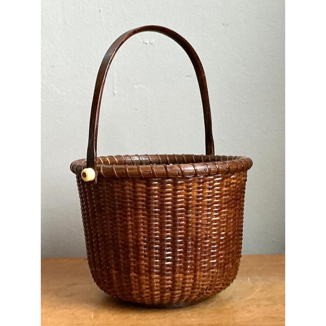 Vintage Woven Rattan Nantucket Basket With Handle For Sale - Image 10 of 12