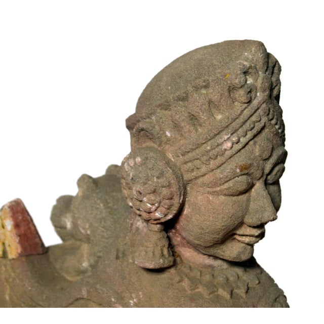 Mid 19th Century Indian Hand-Carved 19th Century Stone Sphinx Sculpture with Tiara and Earrings For Sale - Image 5 of 13