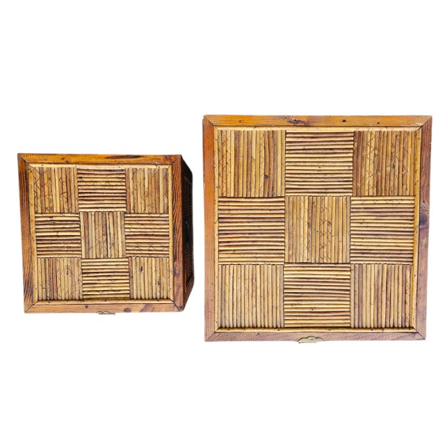 Pair of Vintage Chinoiserie Split-Bamboo Woven Trunks/Chests With Brass Dragon/Phoenix Latches For Sale - Image 9 of 11