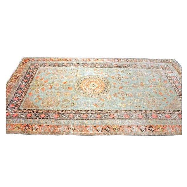 Late 19th Century Antique Turkish Khotan Wool 6X12 Green, Orange & Blue Handmade Gallery Rug #9902946 For Sale - Image 5 of 18