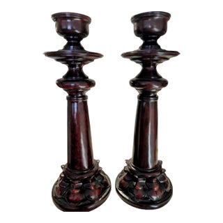 Faux Bois Rosewood Ceramic Candleholders - A Pair For Sale