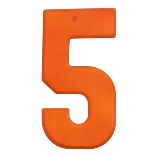 1960s Rustic Neon Orange “5” Sign Beveled Number For Sale