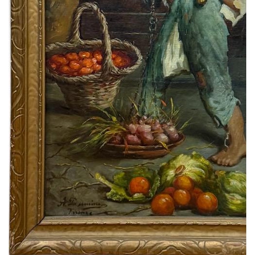 Antique 19th Century Italian Oil Painting by Adolfo Dumini Boy Weighing Vegetables in Ornate Gold Frame For Sale In Portland, ME - Image 6 of 13