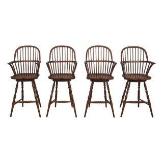 Set of 4 English Windsor Style Swivel Bar Stools For Sale