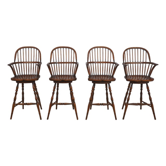 Set of 4 English Windsor Style Swivel Bar Stools For Sale