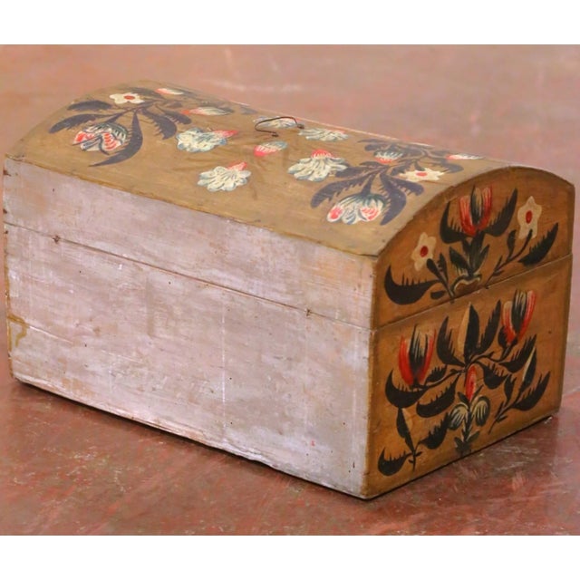 Yellow 18th Century French Normandy Carved & Painted "Coffre De Mariage" Wedding Trunk For Sale - Image 8 of 9
