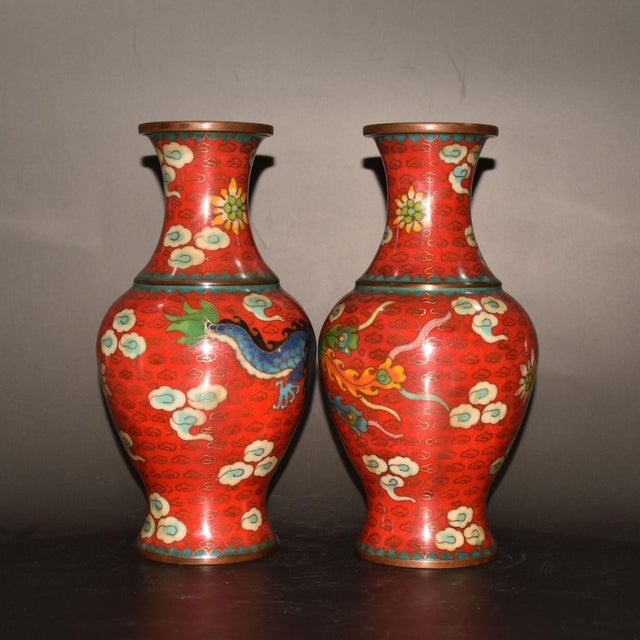 Pair of Vintage Chinese Cloisonné "Dragon & Phoenix" Vases - 1083g For Sale - Image 4 of 9