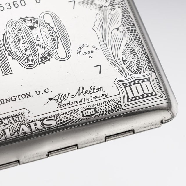 20th Century American Silver-Plated Cigarette Case & Lighter Shaped as a Hundred Dollar Bill , Set of 2 For Sale - Image 10 of 18