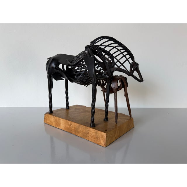 2000 - 2009 Vintage Brutalist Abstract Mare & Foal Metal Sculpture on Burl Wood Base For Sale - Image 5 of 16