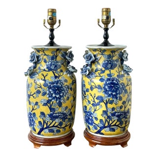 Vintage Boho Blue Rose Glazed Ceramic Vase Lamps - A Pair For Sale