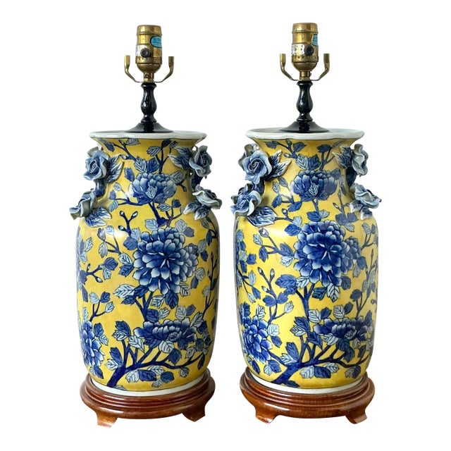 Vintage Boho Blue Rose Glazed Ceramic Vase Lamps - A Pair For Sale