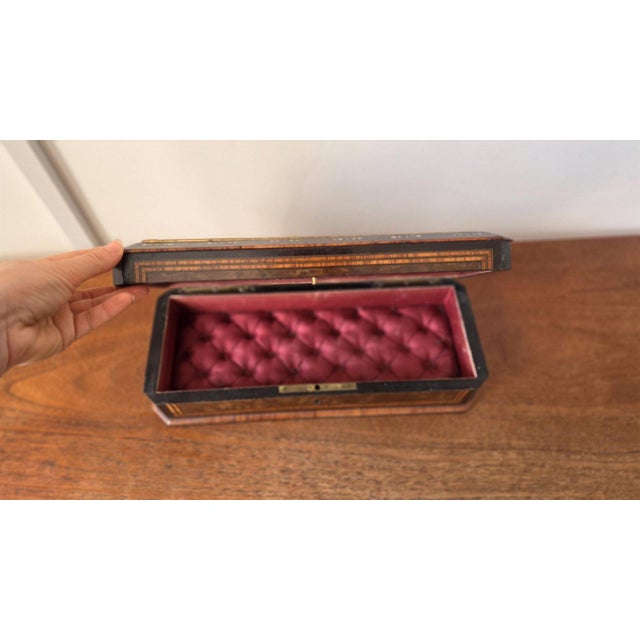 Antique Victorian Jewelry Box Blue Porcelain Landscape Inlay Mother of Pearl Marquetry Wood Trinket Casket For Sale - Image 13 of 14