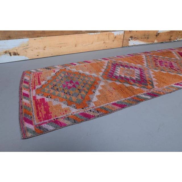 1970s Turkish Handmade Orange Diamond Wool Runner Rug For Sale - Image 4 of 9