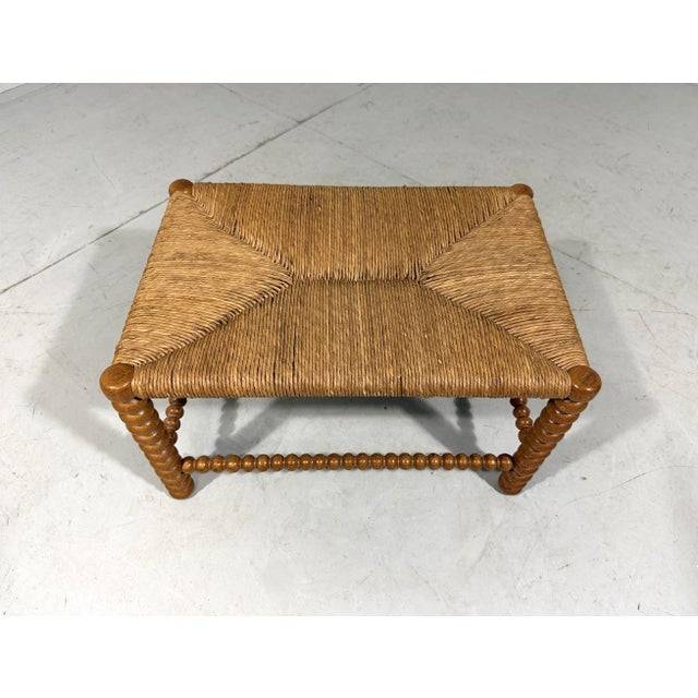 Low Oak Bobbin Stool with Rush Seat, 1930s For Sale - Image 4 of 10