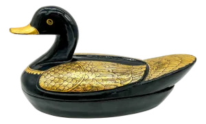 Large Black Lacquer Duck Box With Applied Gold Feather Design - Chinoiserie / Hollywood Regency