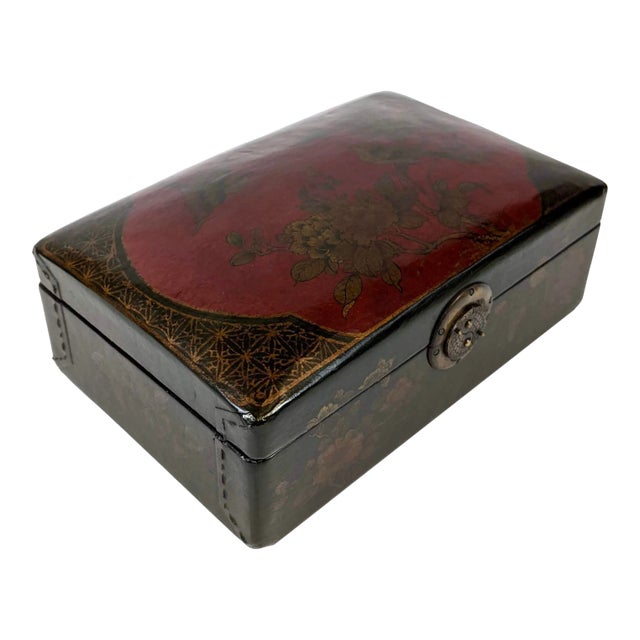 20th Century Painted Lacquered Leather Bounded Rectangular Jewelry Box For Sale