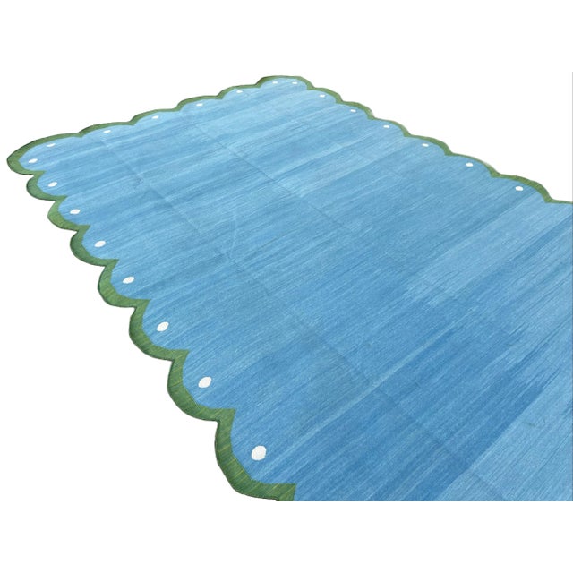Sky Blue Handmade Cotton Scalloped Reversible Rug, Sky Blue and Forest Green Dhurrie-12'x15' For Sale - Image 8 of 10