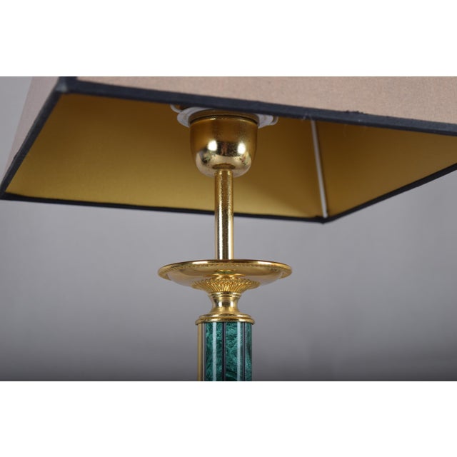 Metal Green Malachite-Style Column Table Lamp with Structured Shade, 1980s For Sale - Image 7 of 12