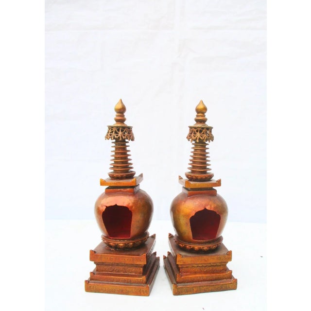 Antique pair of Sino-Tibetan Stupas. Small repousse handmade relics. handmade in copper metal with gold lacquered and red-...