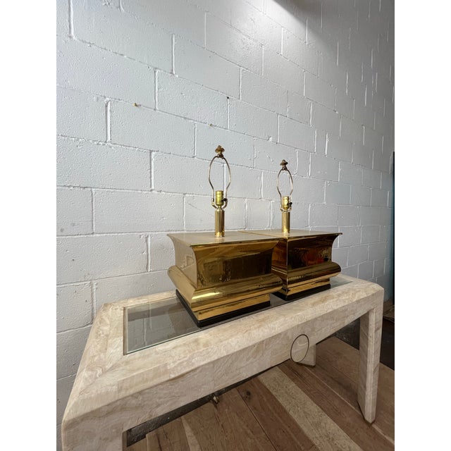 Chinoiserie 1970s Modernist Sculptural Hollywood Regency Brass Table Lamps Karl Springer Style - a Pair For Sale - Image 3 of 12