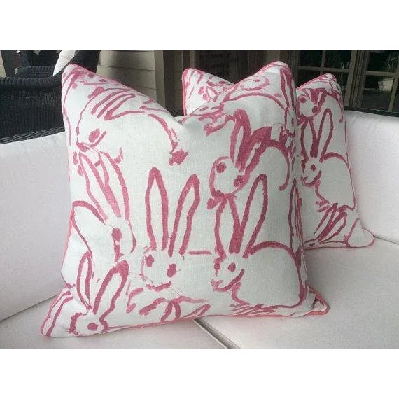 Contemporary Hunt Slonem "Bunny Hutch" in Pink & White 16" Pillows - A Pair For Sale - Image 3 of 6