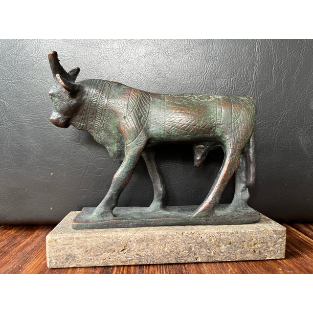 Vintage Egyptian Revival Bull Sculpture, Apis bull, Egyptian revival décor, bronze tone sculpture, ancient Egypt statue,...