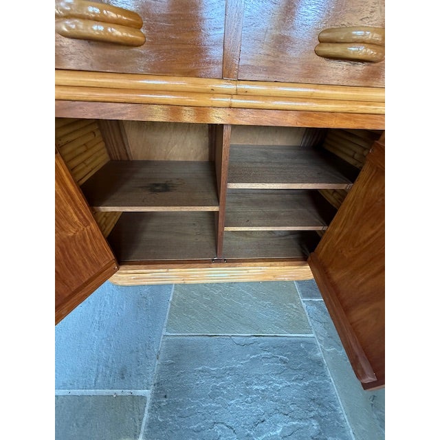 Mid-Century Modern 1940s Restored Stacked Rattan Storage Cabinet With Mahogany Top in Style of Paul Frankl Bar Cabinet For Sale - Image 3 of 8