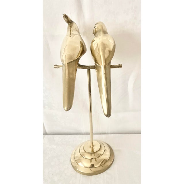 Hollywood Regency Mid-Century Hollywood Regency Solid Brass Lovebirds on Perch Stand For Sale - Image 3 of 16