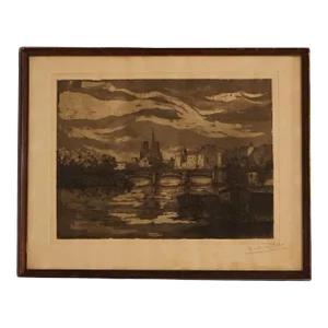 Antique French Cityscape Etching Signed Jean Charles Millet Circa 1920, Framed
